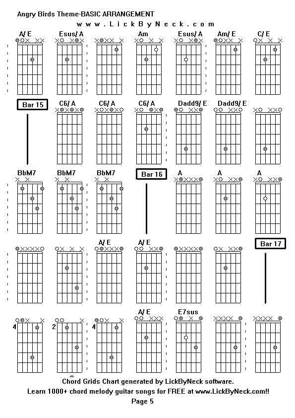 Chord Grids Chart of chord melody fingerstyle guitar song-Angry Birds Theme-BASIC ARRANGEMENT,generated by LickByNeck software.